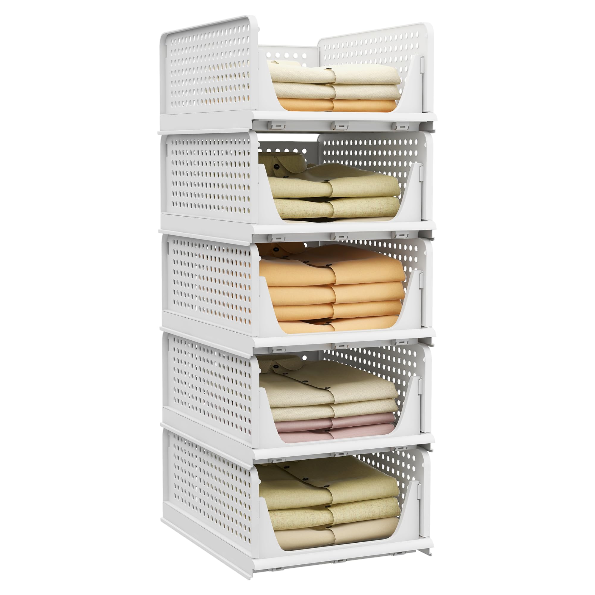 Pinkpum Stackable Plastic Storage Basket-Foldable Closet Organizers and Storage Bins 5 Pack Drawer Shelf Storage Container for Wardrobe Cupboard Kitchen Bathroom Office 5L