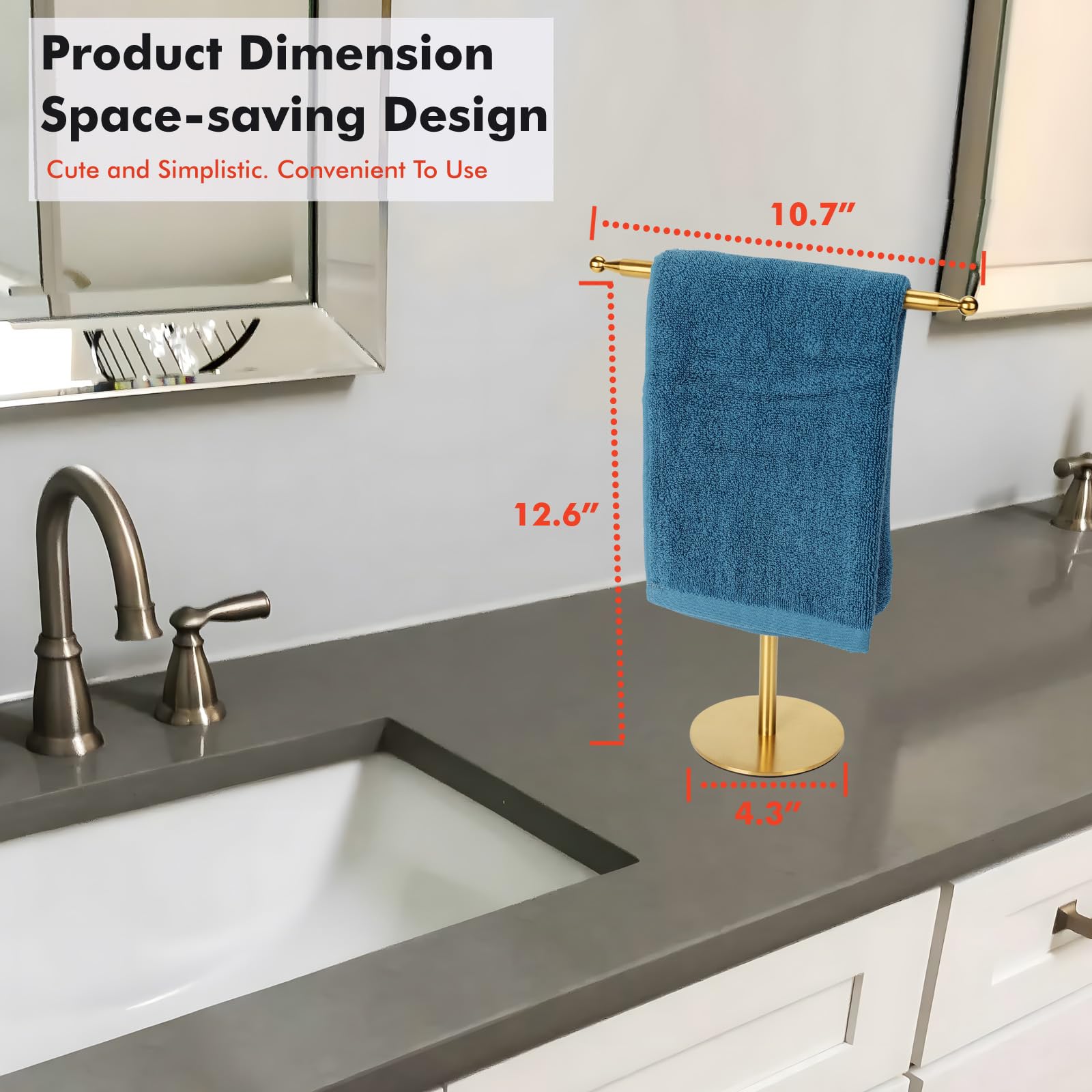 Gold Hand Towel Holder Stand for Bathroom Vanity Countertop Stainless Steel T-Shape Free Standing Towel Rack Stand Towel Bar for Bathroom Kitchen (Gold)