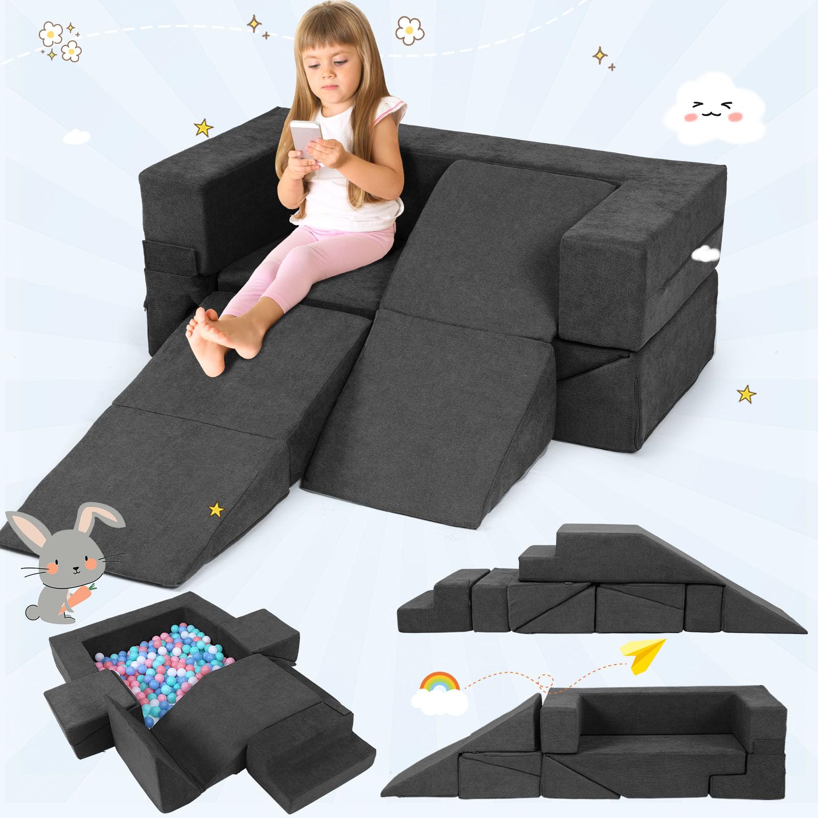 MOOZHEALTH Kids Small Play Couch, Modular Toddler Foam Sofa with Chenille Fabric Cover Children Convertible Soft Playset Climbing Building Blocks for Playroom Nursery Creative Boys & Girls (Gray)