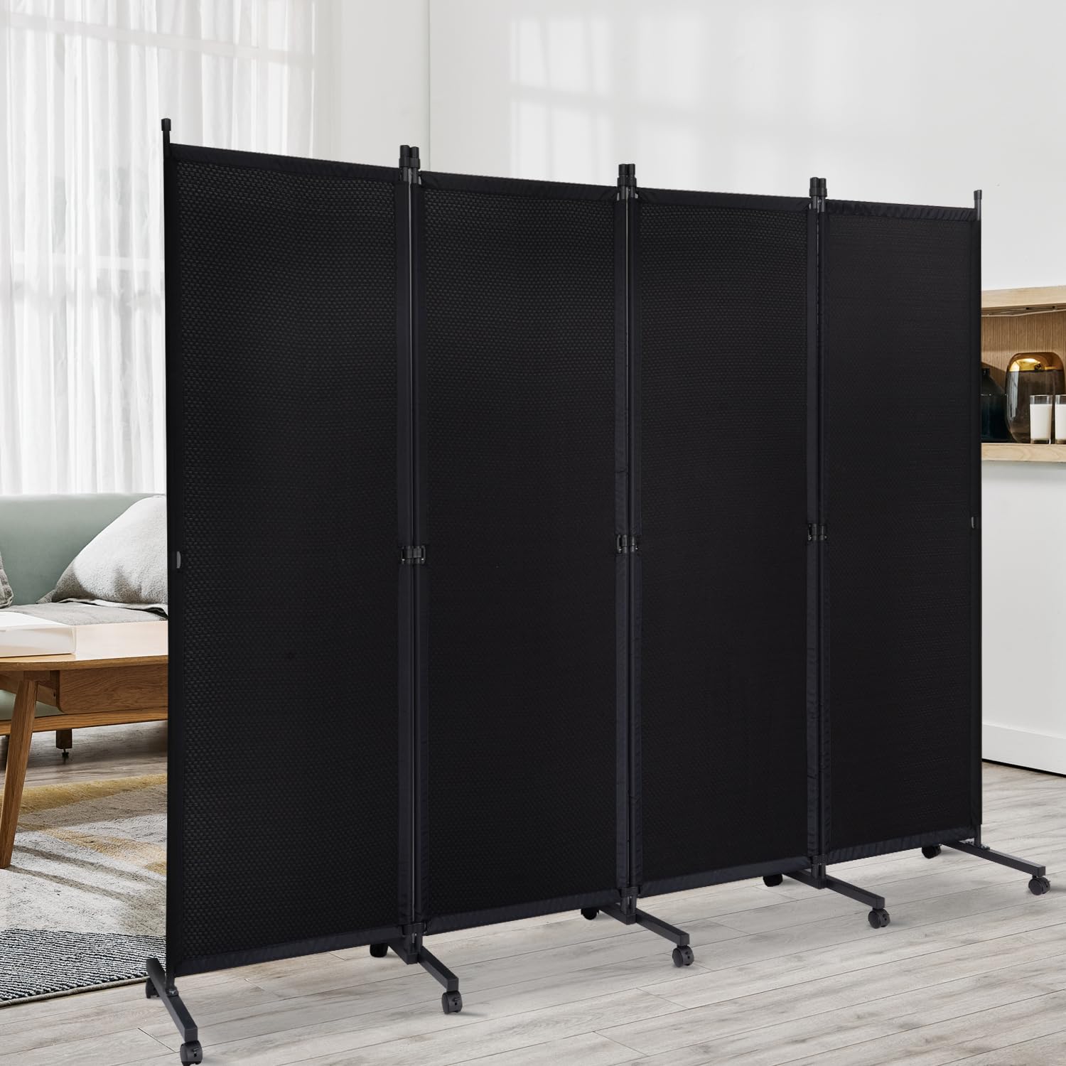 Room Divider Folding Privacy Screens with Wheels, 6FT Tall Divider for Room Separation, Movable Room Partitons and Dividers, Indoor Room Dividers Panel with Fabric for Office (Black, 4 Panel-88‘’)