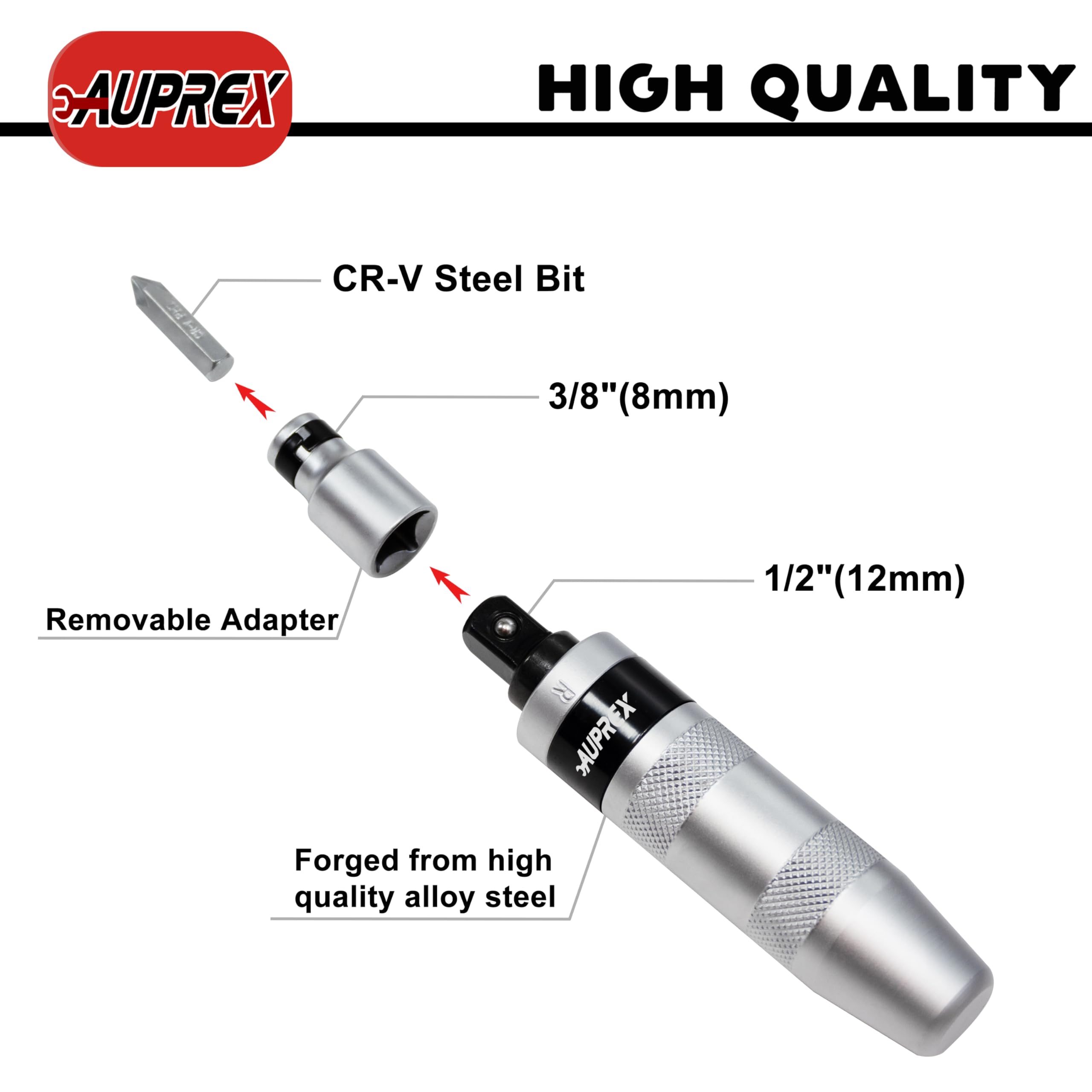 AUPREX Manual Impact Screwdriver, 1/2” Reversible Hand Impact Driver Set, Hammer Screwdriver with 12-Piece CR-V Slotted, Phillips, Hexagonal Bits Set for Removing Rusted Fasteners or Frozen Bolts