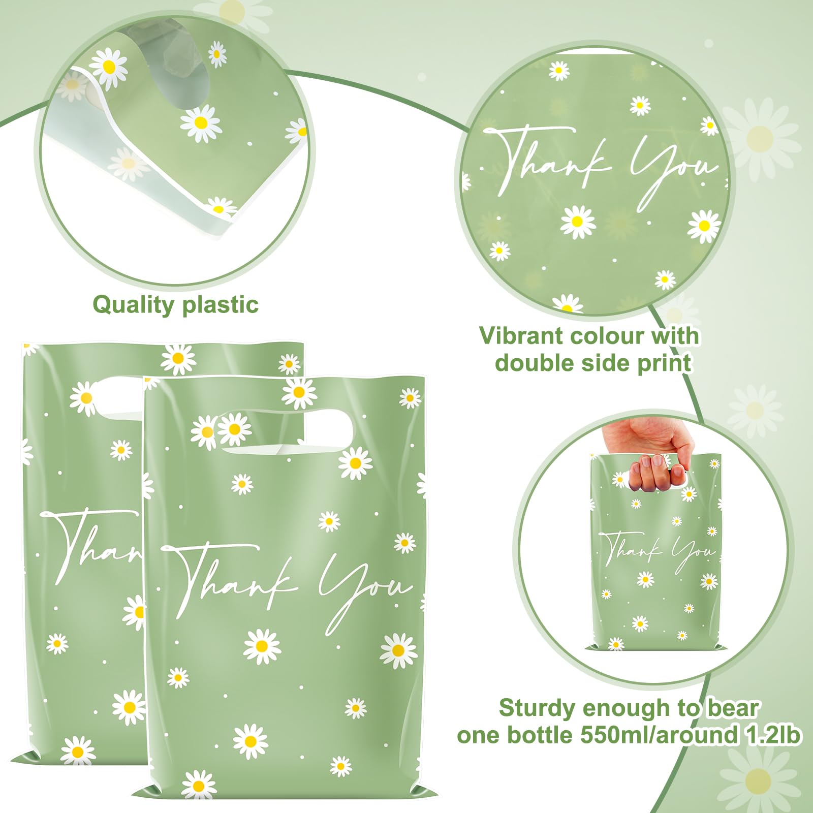 50pcs Sage Green Daisy Floral Thank You Plastic Gift Bags, Spring Summer Flower Goodie Bags Bulk with Handles Party Favors for Mothers Day Baby Shower Wedding Birthday Party Decorations and Supplies