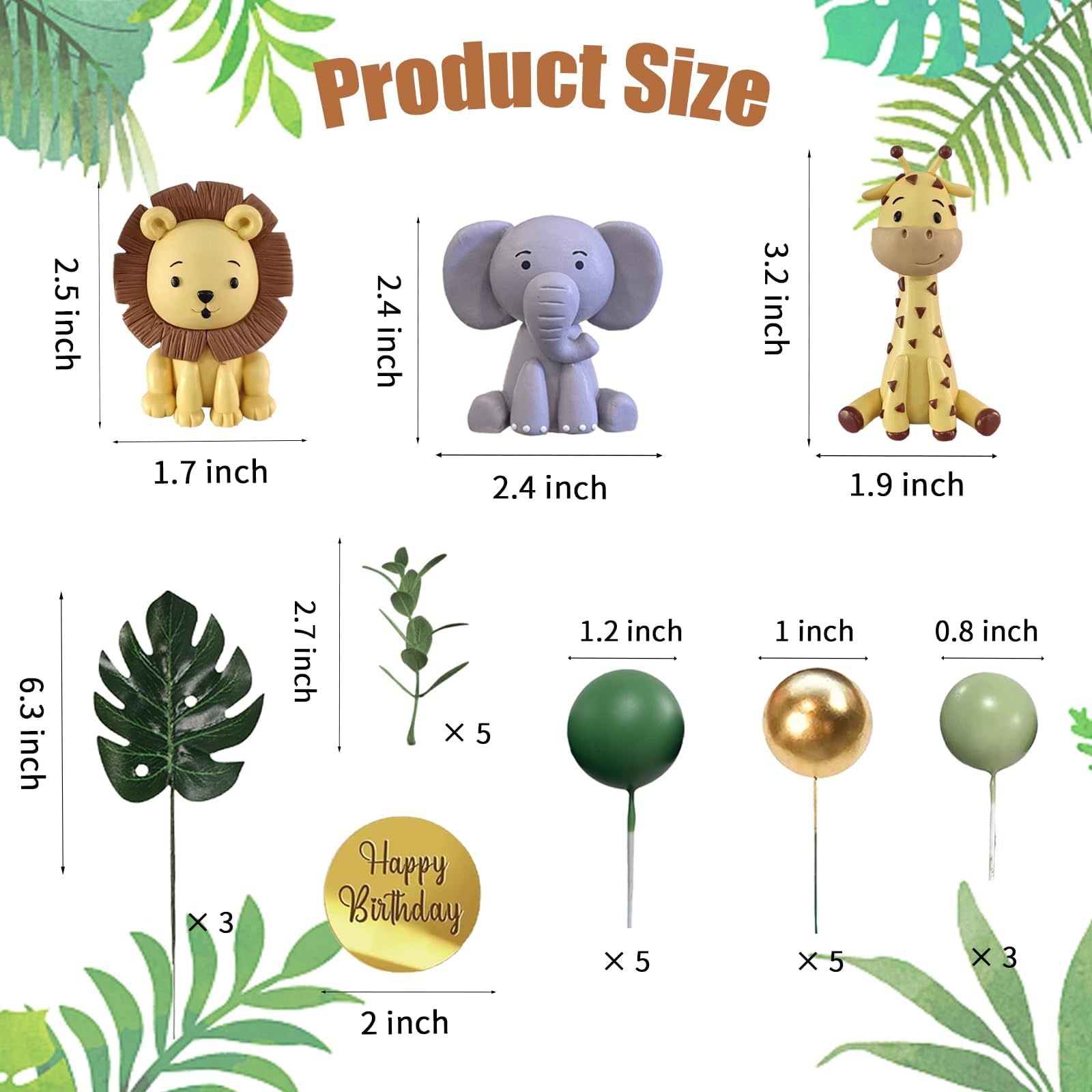 25 PCS Safari Animal Cake Toppers Jungle Wild Cake Decorations with Green Balls Plam Leaves for Wild Animals Themed Birthday Baby Shower Party Supplies