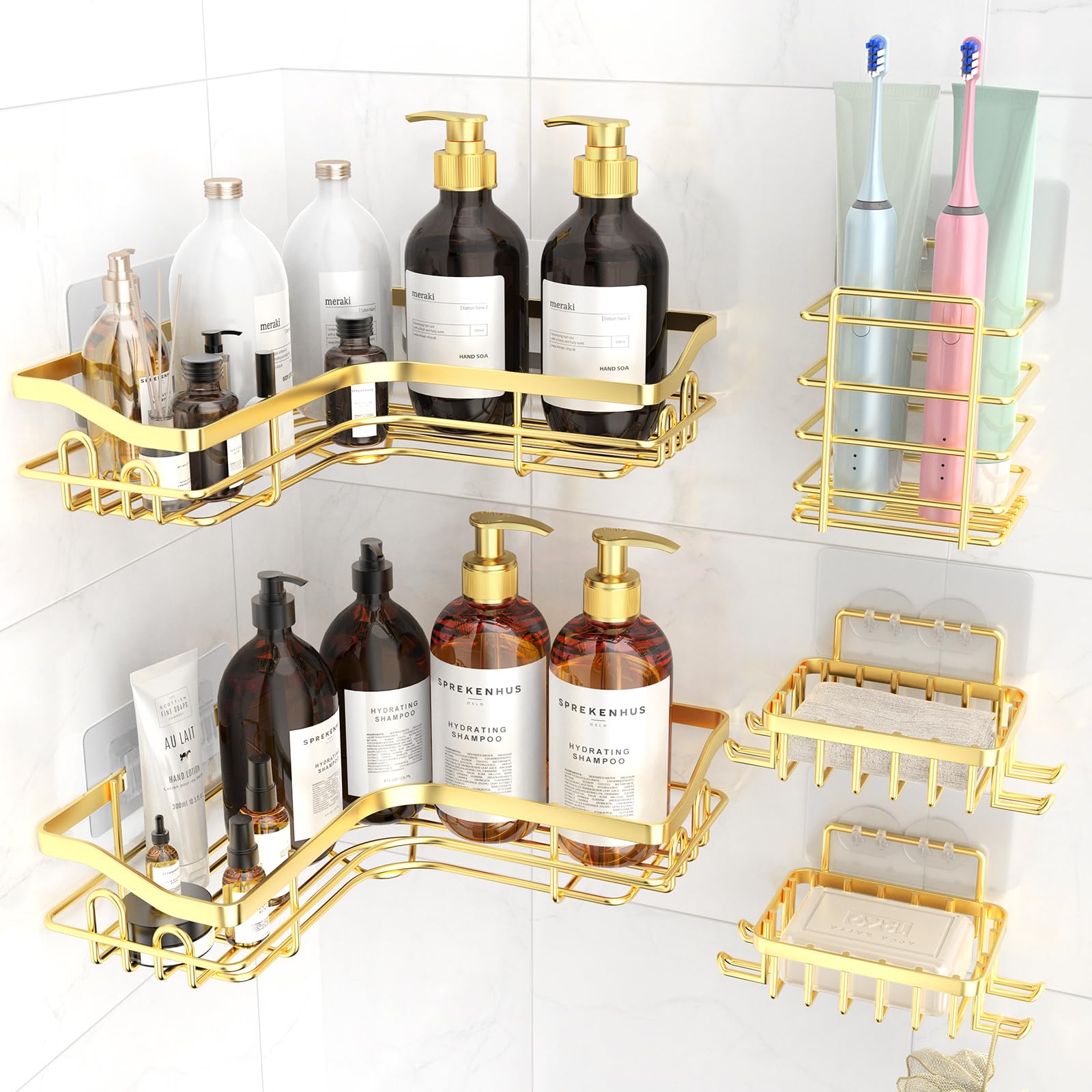 Hsiohe Gold Corner Shower Caddy, Adhesive Shower Organizer for Bathroom Storage, Rustproof Stainless Steel Shower Shelves, No Drilling, Space-Saving Shower Rack Shelf for Inside Shower 5 Pack