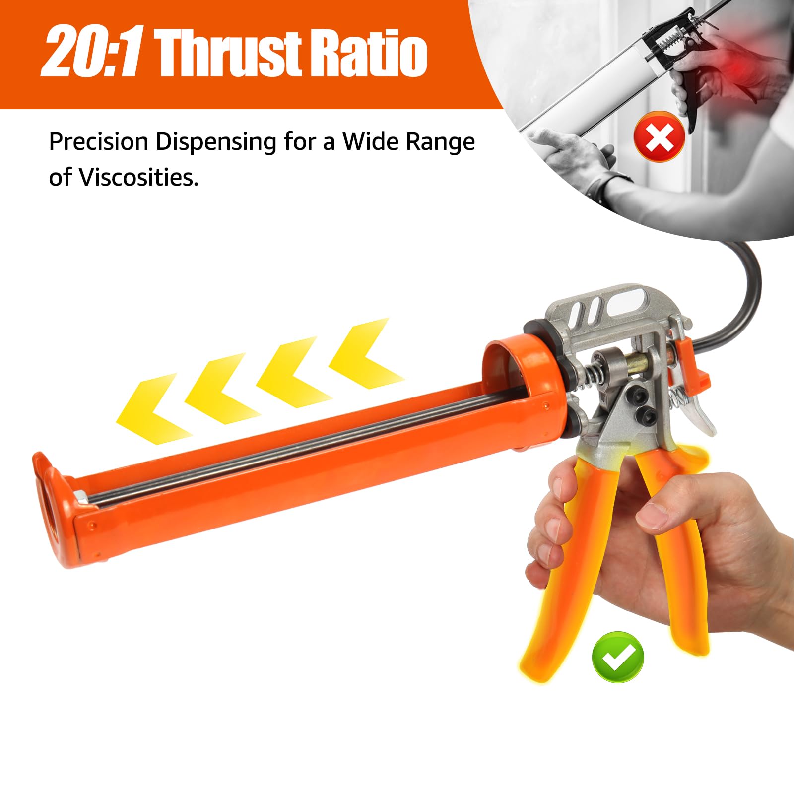 Holothurian Caulking Gun, Caulk Gun No Drip,Sealant Finishing Tool Grout Scraper for Kitchen Bathroom Window Sink Joint, 1/10 Gallon Cartridge, 20:1 Thrust Ratio