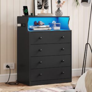 dictac black drawer dresser for bedroom with led lights, chest of 4 drawers with charging station, tall dresser with large storage space, wooden storage tower organizer