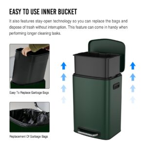 Fulocseny Rectangular Green Stainless Steel Trash Can,50 L 13 Gallon Large Capacity Foot Pedal Thickened Body Garbage Can with Soft Close Quiet Lid for Bathroom, Kitchen, Living Room