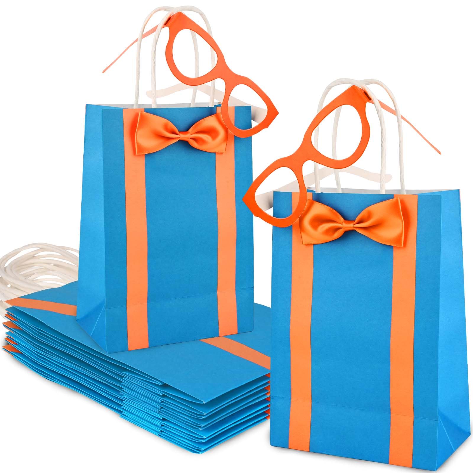 Bolsome 20Pcs Orange Blue Party Favor Bags with 20Pcs Paper Glasses and Bow Tie Blue Orange DIY Paper Gift Bags with Handles for Kids for Construction Birthday Party Baby Shower Supplies