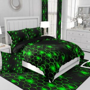 Feelyou Green and Black Duvet Cover 100% Cotton Queen Size Boys Girls Honeycomb Bedding Set for Kids Geometry Hexagon Comforter Cover Set Geometrical Bedspread Cover Room Decor Bedclothes Zipper