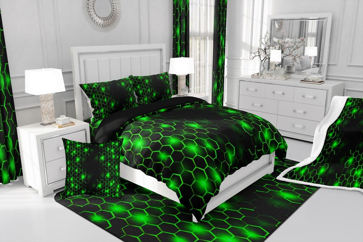 Feelyou Green and Black Duvet Cover 100% Cotton Queen Size Boys Girls Honeycomb Bedding Set for Kids Geometry Hexagon Comforter Cover Set Geometrical Bedspread Cover Room Decor Bedclothes Zipper