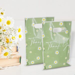 50pcs Sage Green Daisy Floral Thank You Plastic Gift Bags, Spring Summer Flower Goodie Bags Bulk with Handles Party Favors for Mothers Day Baby Shower Wedding Birthday Party Decorations and Supplies