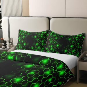 Feelyou Green and Black Duvet Cover 100% Cotton Queen Size Boys Girls Honeycomb Bedding Set for Kids Geometry Hexagon Comforter Cover Set Geometrical Bedspread Cover Room Decor Bedclothes Zipper