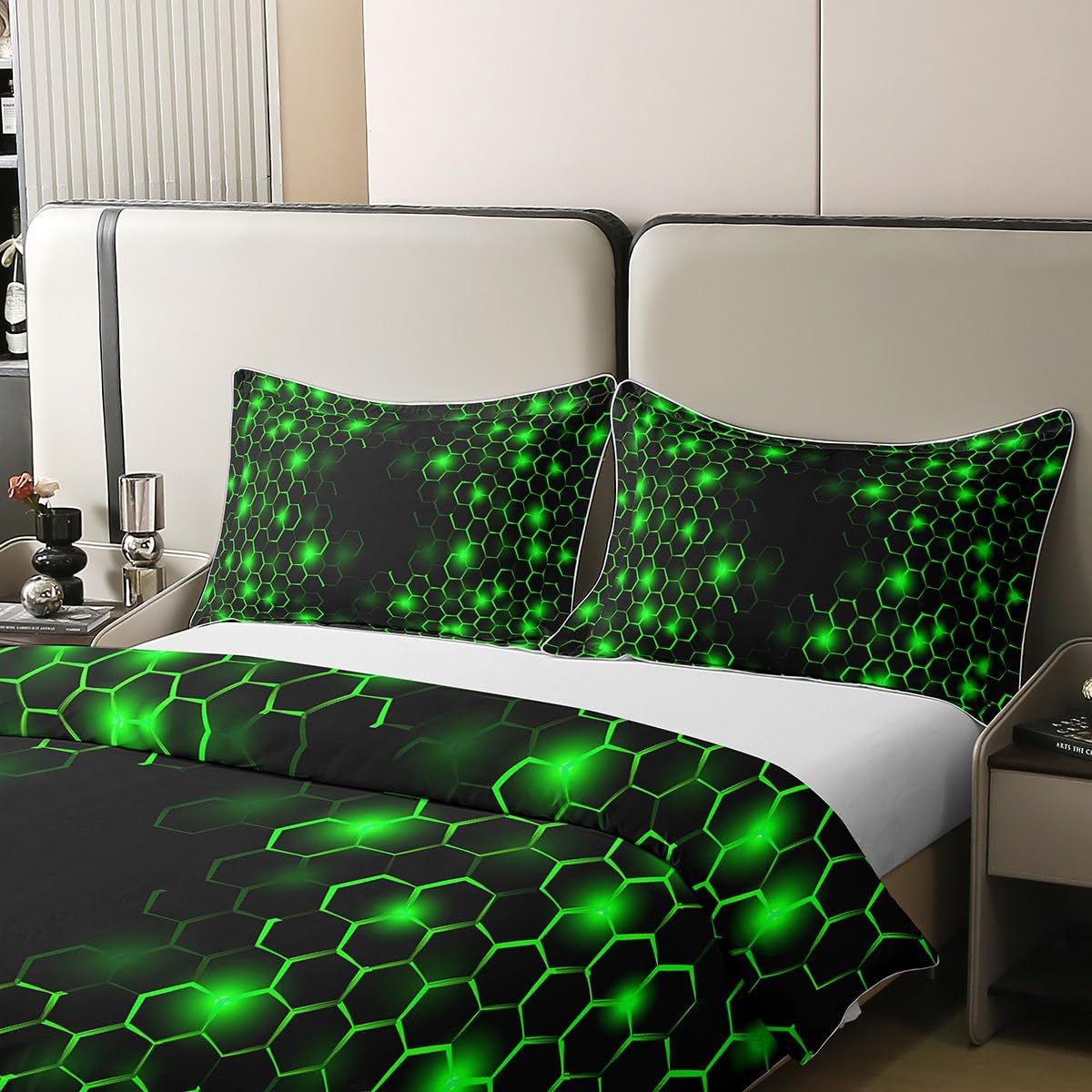 Feelyou Green and Black Duvet Cover 100% Cotton Queen Size Boys Girls Honeycomb Bedding Set for Kids Geometry Hexagon Comforter Cover Set Geometrical Bedspread Cover Room Decor Bedclothes Zipper