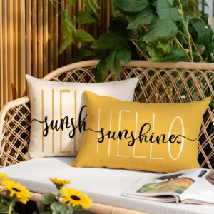 RABUSOFA Outdoor Waterproof Pillows Decorative Throw Pillows,12x20 Inch Patio Hello Sunshine Summer Pillow Covers,Yellow Waterproof Pillow Cases for Balcony Furniture Garden(2-12) (12"x20")