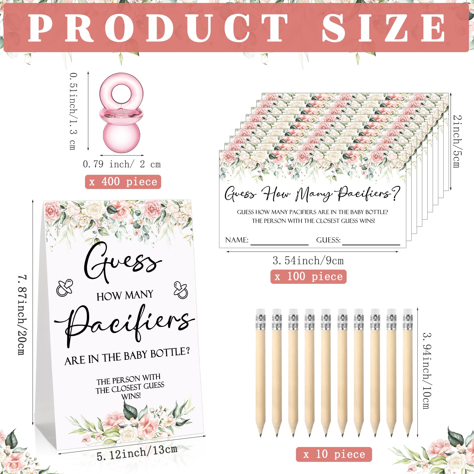 Roowest 512 Pcs Baby Shower Games Guess How Many Pacifiers Greenery Game Sign 100 Small Guessing Games 10 HB Pencils 750ml Milk Bottle 400 Acrylic Pacifiers Decoration Guest Gender Reveal(Pink,Flower)