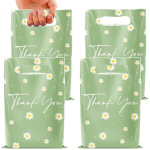 50pcs sage green daisy floral thank you plastic gift bags, spring summer flower goodie bags bulk with handles party favors for mothers day baby shower wedding birthday party decorations and supplies