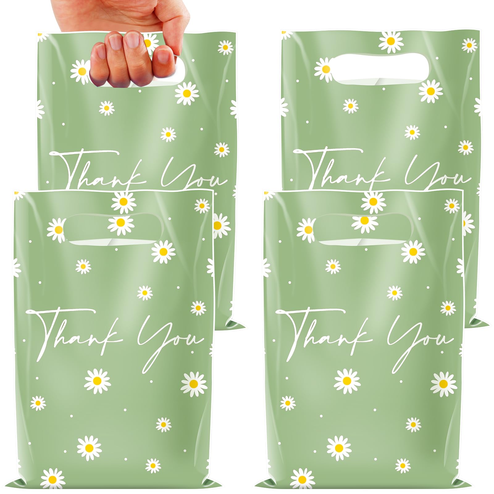 50pcs Sage Green Daisy Floral Thank You Plastic Gift Bags, Spring Summer Flower Goodie Bags Bulk with Handles Party Favors for Mothers Day Baby Shower Wedding Birthday Party Decorations and Supplies