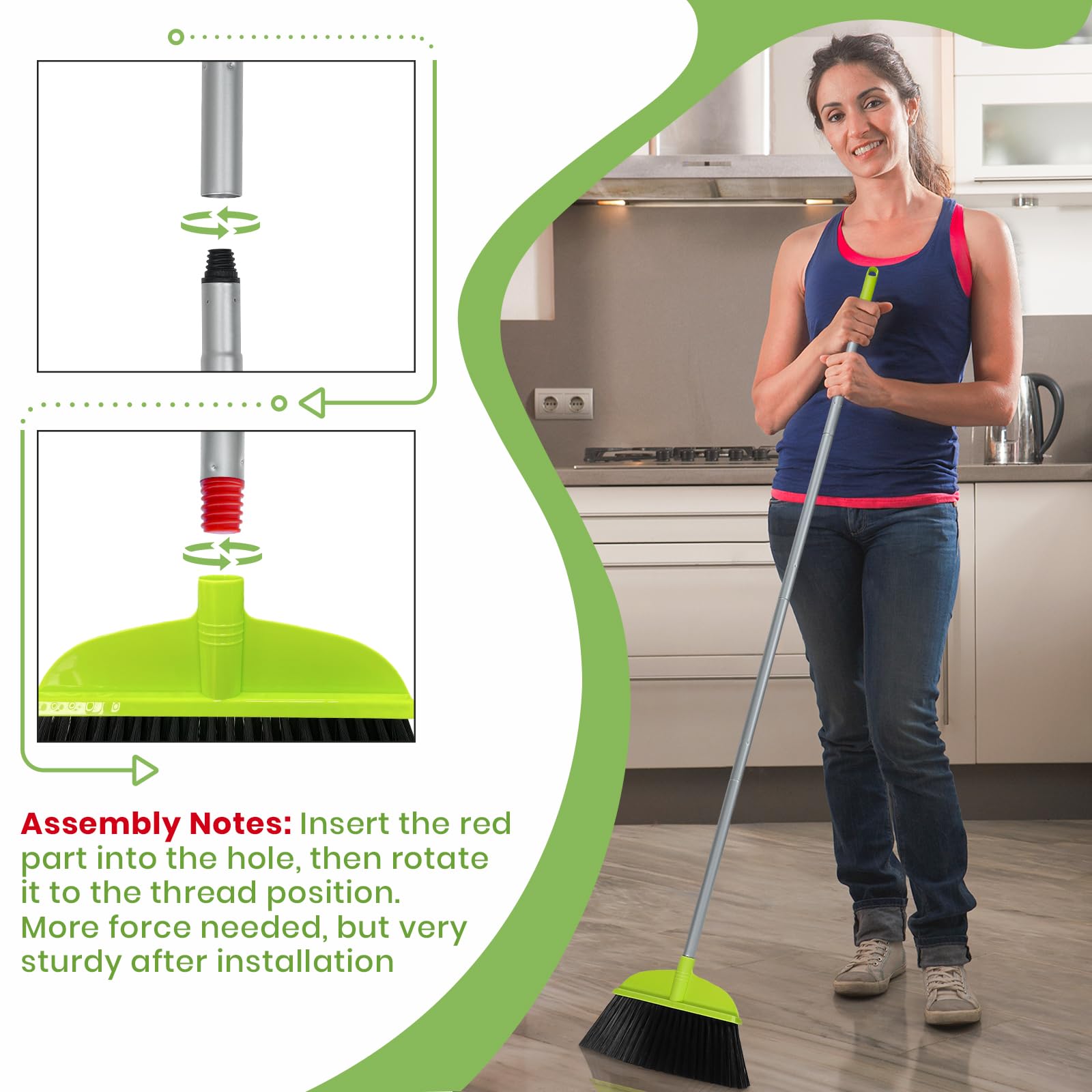 Green Floor Sweeping Brooms 55” House Brooms for Sweeping Indoor Kitchenette Broom for Hardwood Floor Cleaning