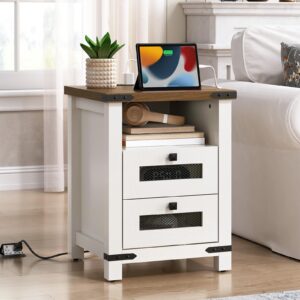 hoobro nightstand with charging station, farmhouse end table with 2 drawers storage cabinet, sofa side table, 18" rustic night stand for bedroom, living room, white and walnut wh146ubz01