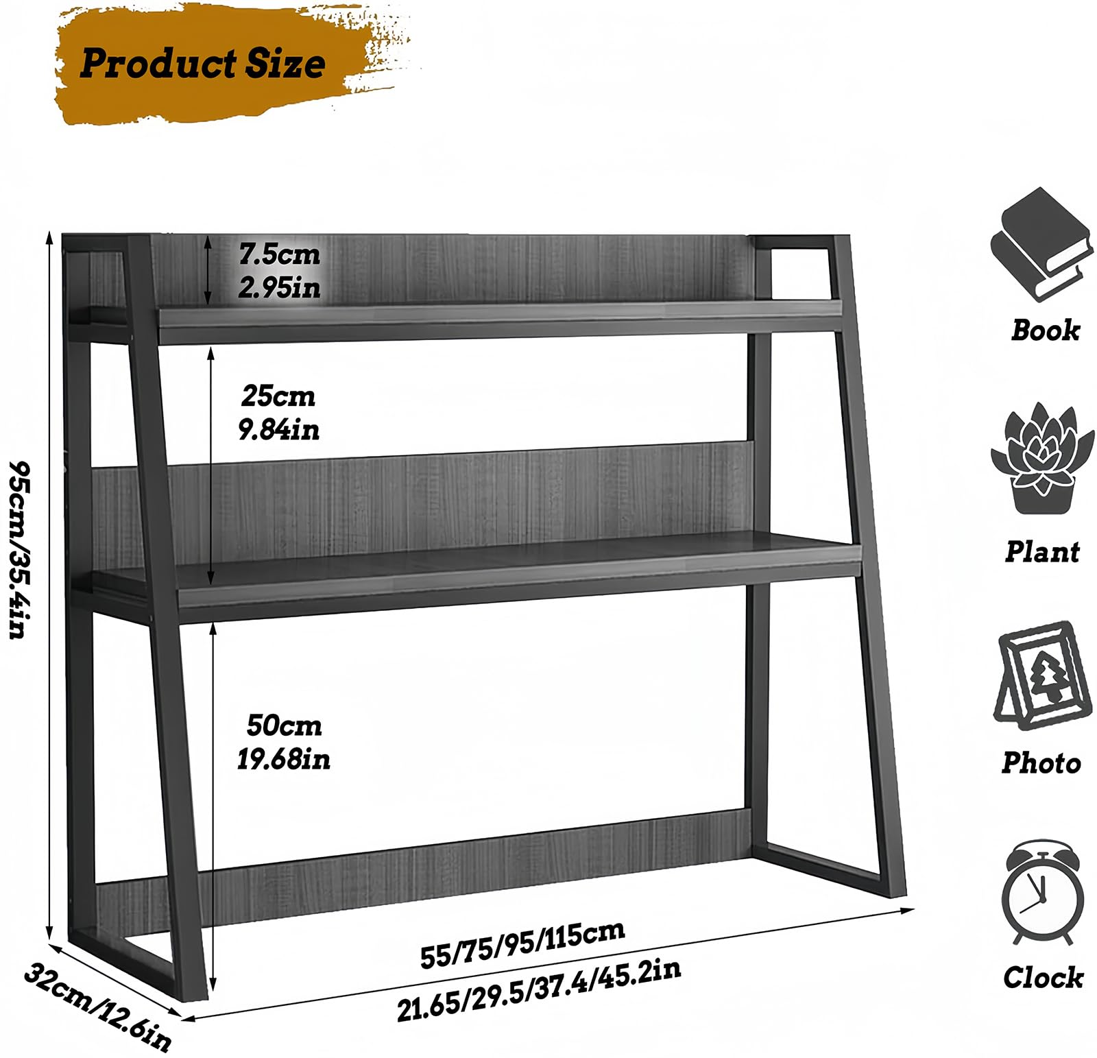 Cmzbock Computer Desktop Bookshelf,Desk Hutch,3-Tier Wood Hutch Bookcase Organizer,Easy to Install,for Home Office Dorm Furniture Wood Hutch Bookcase (Dark Oak Color, 45.2in)