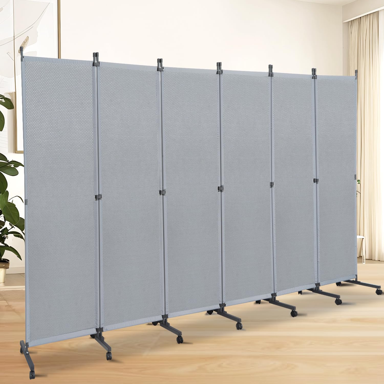 Room Divider Screen Wide Room Divider Panel/Wheels, Decorative Divider for Room Separation, 6 Panel Portable Wall Divider Freestanding Room Partitions and Dividers, Grey Room Separator for Studio