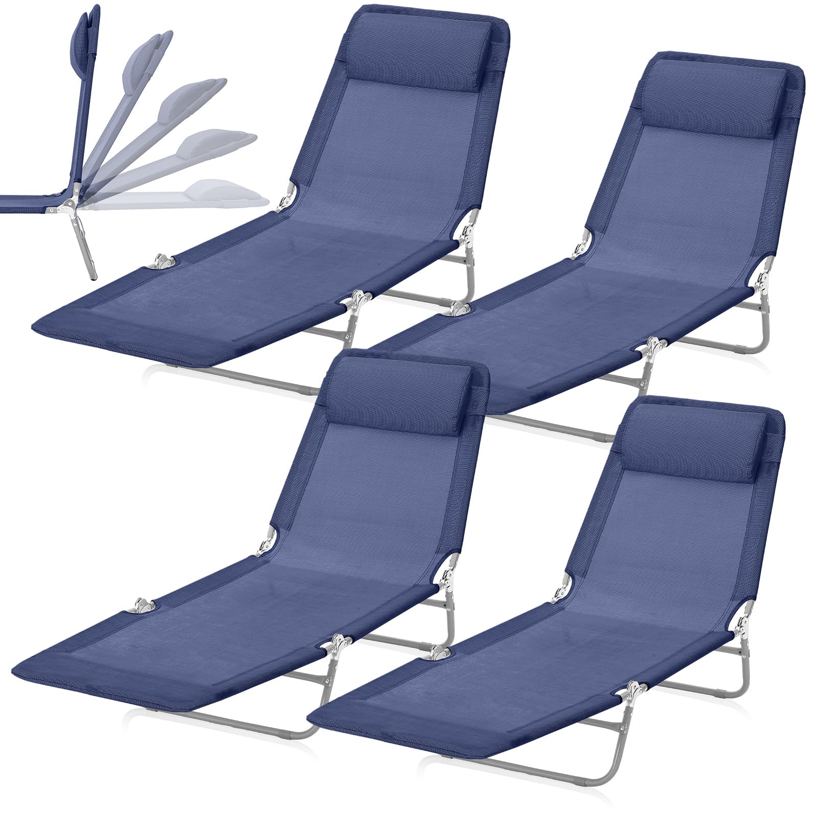 Suzile 4 Pack Folding Chaise Lounge Chair Tanning Chairs with Adjustable 5 Position and Pillow Waterproof Breathable Mesh Steel Frame Pool Sun Tanning Chair for Beach Yard Patio Lawn(Navy Blue)