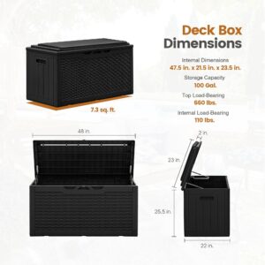 Greesum 100 Gallon Resin Deck Box Large Outdoor Storage with Cushions for Patio Furniture, Garden Tools, Pool Supplies, Weatherproof and UV Resistant, Lockable, Black