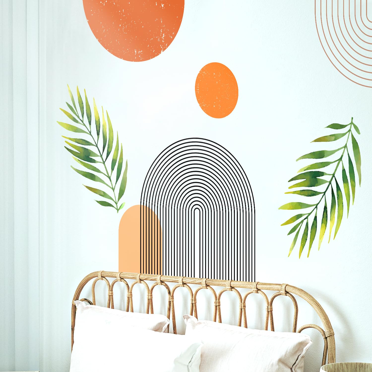 VePret Boho Mid-Century Modern Wall Decals Peel and Stick, Large Archs Sun Vinyl Wall Stickers, Removable Leaves Plants Home Decor Art for Bedroom Living Room Classroom Office