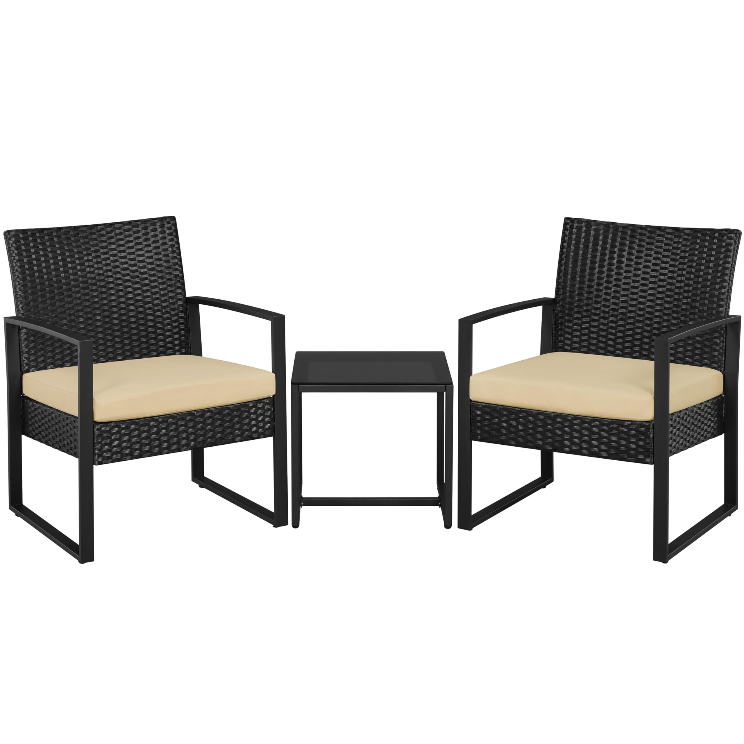 Yaheetech 3-Piece Patio Furniture Set, Rattan Wicker Outdoor Chairs Set of 2 w/Coffee Table - PE Rattan Chair Balcony Conversation Set for Yard/Bistro/Garden/House/Porch, Black/Khaki