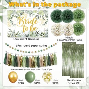 Generic Bridal Shower Decorations Sage Green Bride to Be Banner Bridal Shower Balloons Tissue Paper Pom Poms Fringe Curtain Bride to Be Party Supplies for Wedding Bachelorette Party Decorations