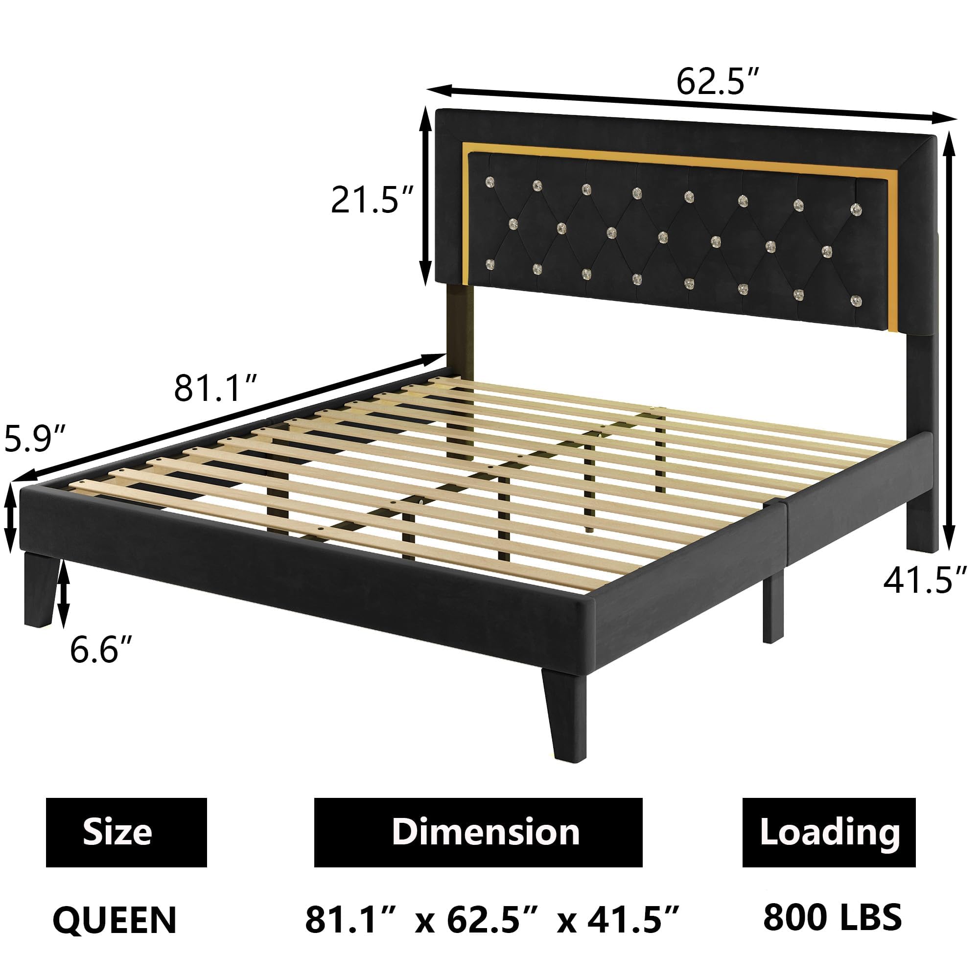 Fastroby Black Queen Size Bed Frame with LED Light, Adjustable Headboard Tufted, Velvet Upholstered Platform Bed Frame No Box Spring Needed, Easy Assembly