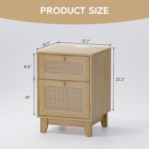 Modern Rattan Nightstand Set of 2, Wicker Rattan Stand with Drawer and Charge Station, Wooden Bedside Table for Small Spaces, Natural Wood Side Table for Bedroom (with Charging Station, 2)