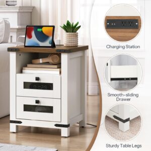 HOOBRO Nightstand with Charging Station, Farmhouse End Table with 2 Drawers Storage Cabinet, Sofa Side Table, 18" Rustic Night Stand for Bedroom, Living Room, White and Walnut WH146UBZ01