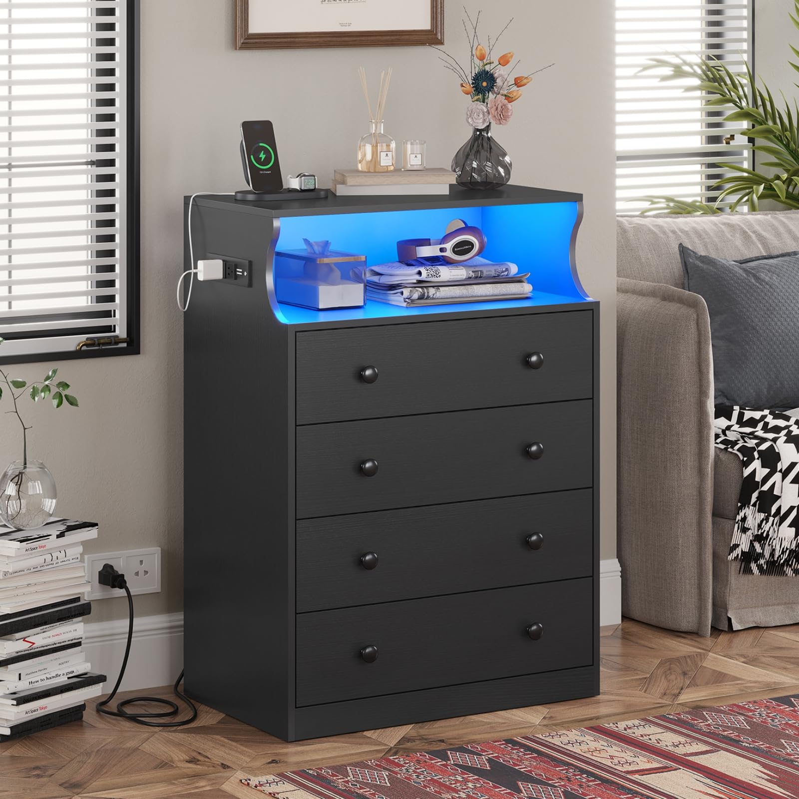 DICTAC Black Drawer Dresser for Bedroom with LED Lights, Chest of 4 Drawers with Charging Station, Tall Dresser with Large Storage Space, Wooden Storage Tower Organizer