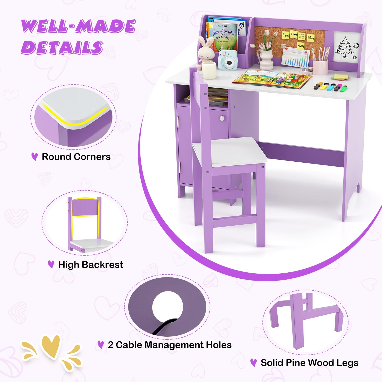 Costzon Kids Desk and Chair Set, Wooden Children Study Table with Storage, Hutch, Cork Bulletin Board, Whiteboard & Marker, Student Computer Workstation Writing Desk for Kids Bedroom, School, Purple