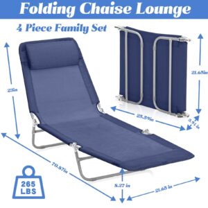 Suzile 4 Pack Folding Chaise Lounge Chair Tanning Chairs with Adjustable 5 Position and Pillow Waterproof Breathable Mesh Steel Frame Pool Sun Tanning Chair for Beach Yard Patio Lawn(Navy Blue)