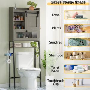 Over The Toilet Storage Cabinet, Storage Cabinet Over Toilet with Sliding Door & Toilet Paper Holder Stand, Freestanding Toilet Shelf Washer Shelf Space Saver Wood Cabinet with Metal Stand, Grey