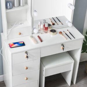 Logimiz Vanity Desk with Mirror and Lights & Power Outlet, 10 Lights Makeup Vanity Mirror 3 Color Changing Modes & Adjustable Brightness, Bedroom Dressing Table Vanity Stool with Drawers, White