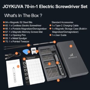 JOYKUVA Mini Electric Screwdriver Rechargeable, 70 In 1 Cordless Screwdriver Set With 64 Magnetic Bits, 5 Torque Stgs Electric Precision Screwdriver Repair Tool Kit for Watches Phones RC Toys Laptops