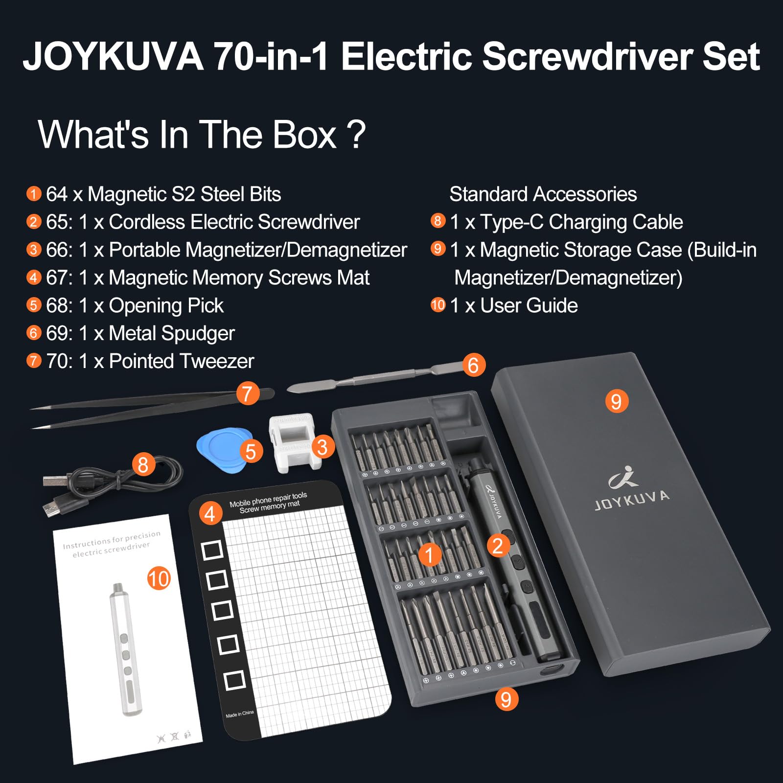 JOYKUVA Mini Electric Screwdriver Rechargeable, 70 In 1 Cordless Screwdriver Set With 64 Magnetic Bits, 5 Torque Stgs Electric Precision Screwdriver Repair Tool Kit for Watches Phones RC Toys Laptops