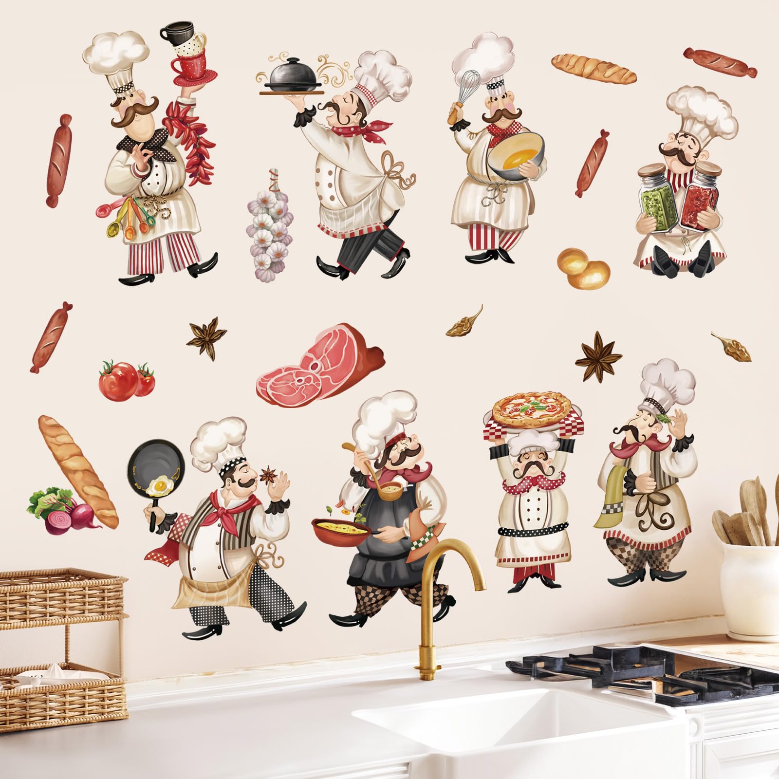 wondever Chef Kitchen Wall Stickers Food Cooking Kitchenware Peel and Stick Wall Art Decals for Kitchen Dining Room Restaurant Fridge