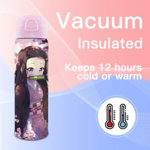 CNEISEJK Anime Slayer Water Bottle with Straw, Vacuum Insulated Kimetsu no Nezuko Tanjirou Cosplay Stainless Steel 16.9oz Cup Thermoses with Locking Cover Leak-Proof Design (WB-Douzi xg 2403), 500ML