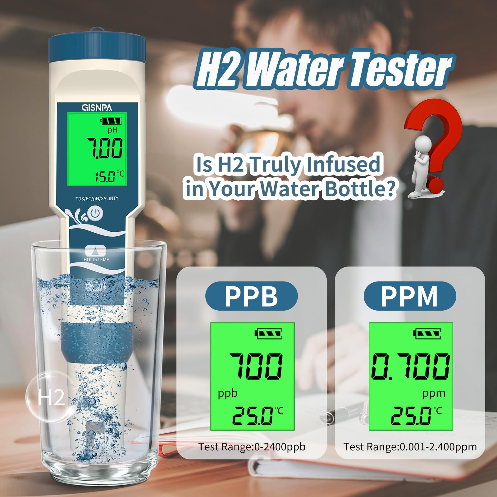 GISNPA PH Meter, Digital 4-in-1 PH ORP H2 Temp Meter with ATC, H2 Water PPB/PPM Meter, 0.01 Resolution High Accuracy PH Tester for Drinking Water