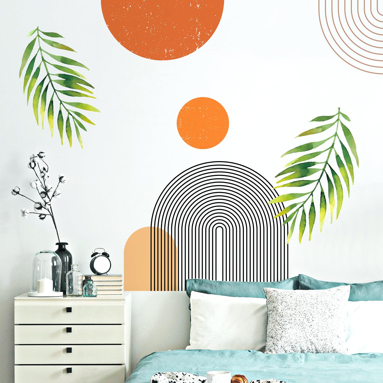 VePret Boho Mid-Century Modern Wall Decals Peel and Stick, Large Archs Sun Vinyl Wall Stickers, Removable Leaves Plants Home Decor Art for Bedroom Living Room Classroom Office