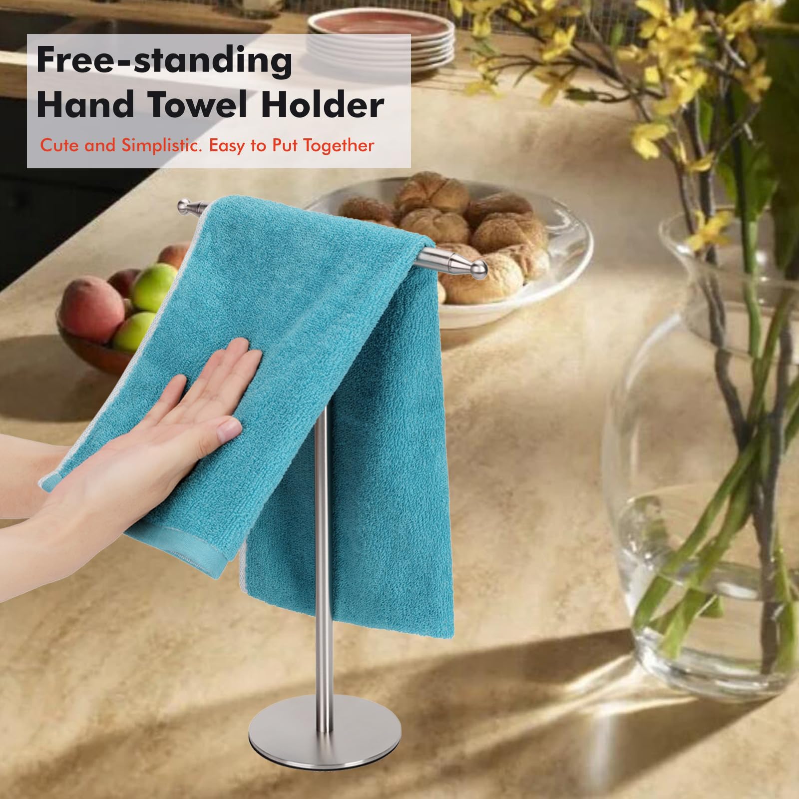 Hand Towel Holder Stand for Bathroom Vanity Countertop Stainless Steel T-Shape Free Standing Towel Rack Stand Towel Bar for Bathroom Kitchen (Brushed Nickel)