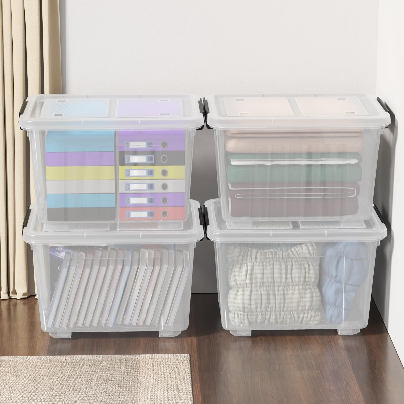 DynkoNA 4-Pack 50 Quarts Plastic Storage Box with Wheels, Clear Latch Bins with Lids