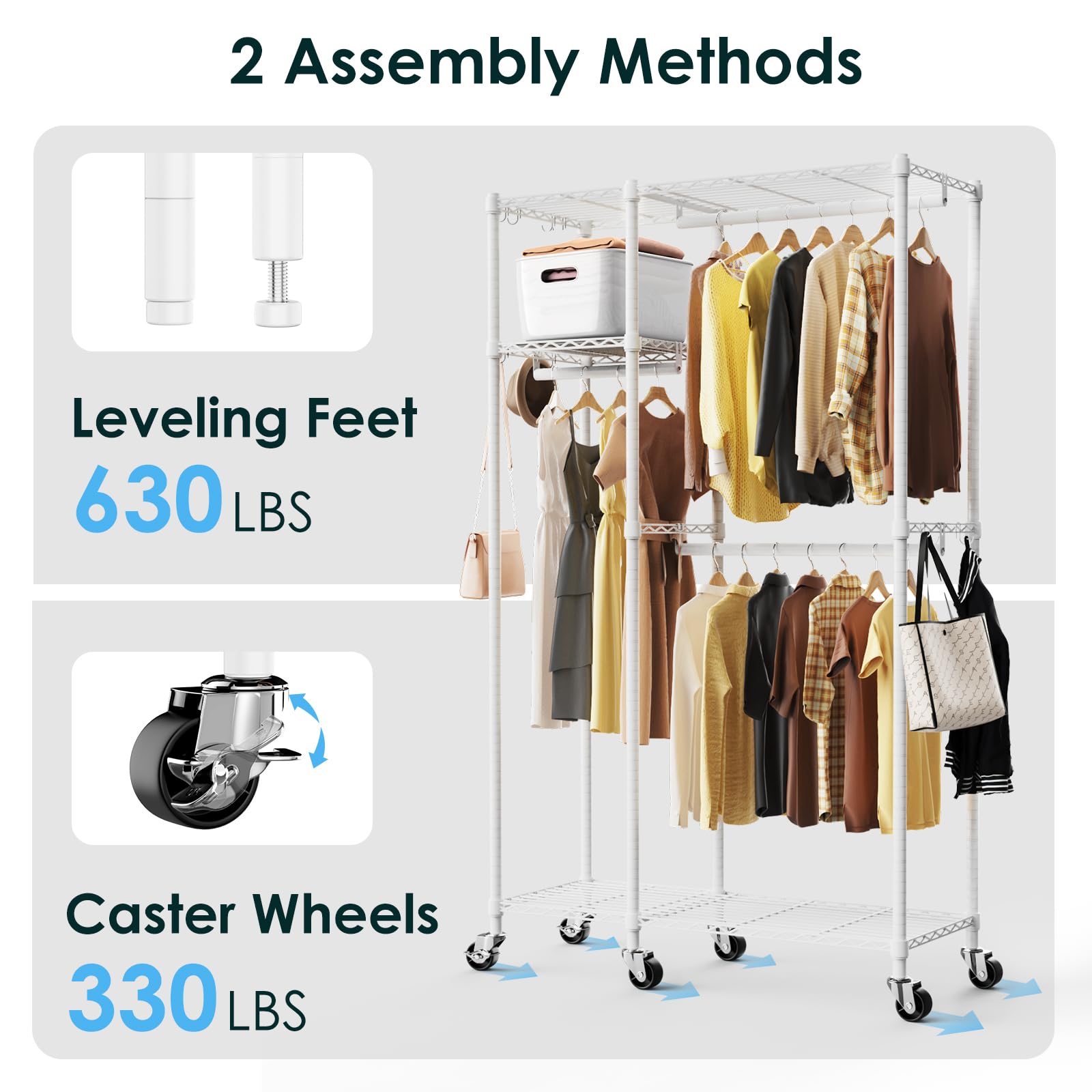 Memobarco Clothing Racks with Wheels for Hanging Clothes with Shelves, Closet Organizers and Storage Metal Heavy Duty,Rolling Wardrobe Garment-Rack Metal Wire Shelving Freestanding, White