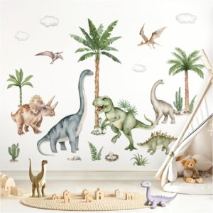 wondever large dinosaur wall stickers tropical animal dino palm tree plants wall art decals for boys room baby nursery kids bedroom (164 * 83cm)