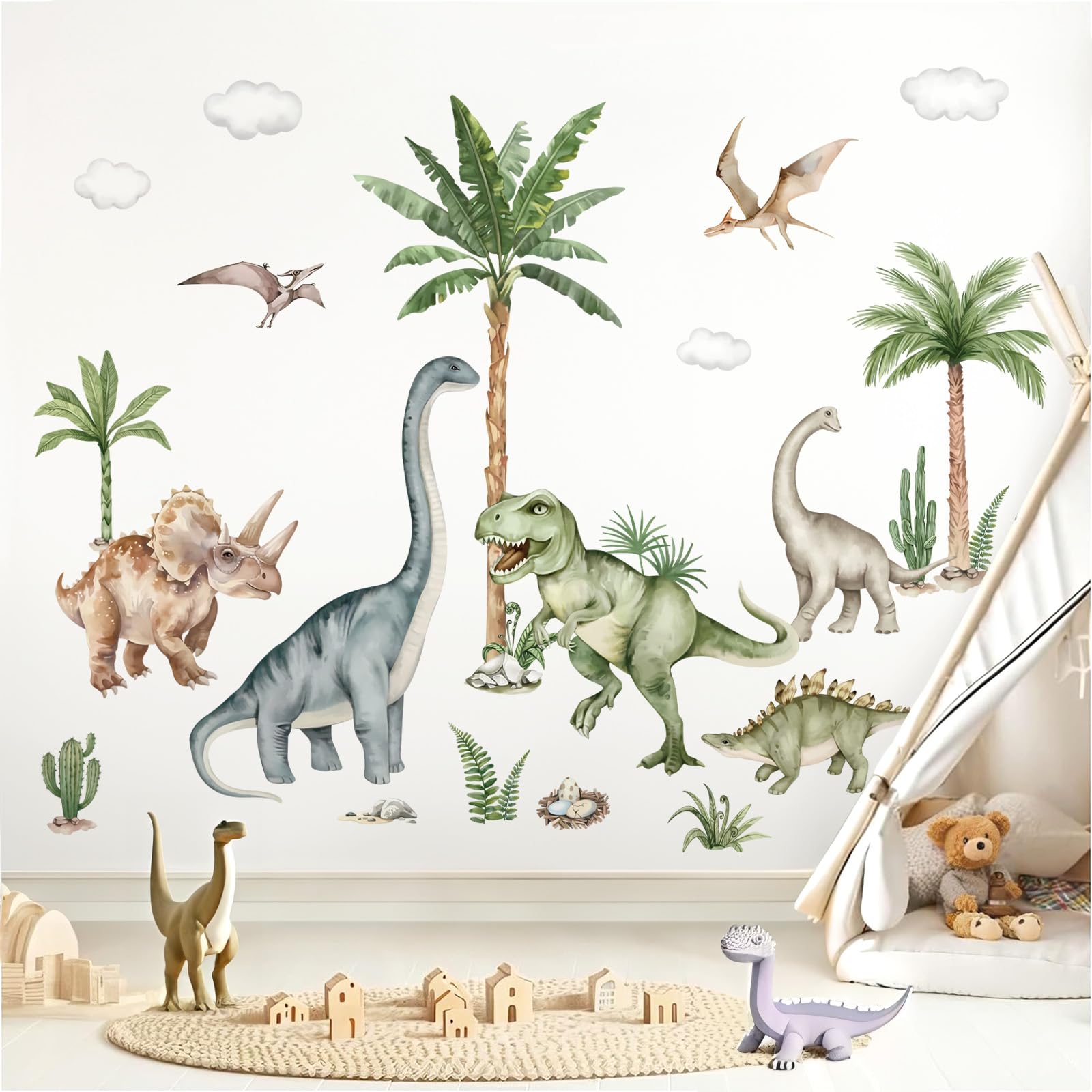 wondever Large Dinosaur Wall Stickers Tropical Animal Dino Palm Tree Plants Wall Art Decals for Boys Room Baby Nursery Kids Bedroom (164 * 83cm)