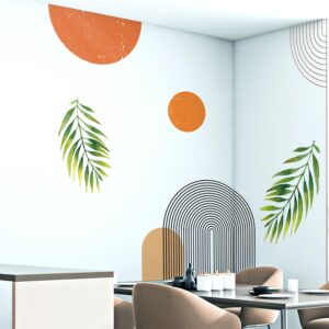 VePret Boho Mid-Century Modern Wall Decals Peel and Stick, Large Archs Sun Vinyl Wall Stickers, Removable Leaves Plants Home Decor Art for Bedroom Living Room Classroom Office